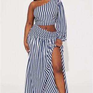 Fashion Nova Navy and White Striped One-Shoulder Maxi Dress